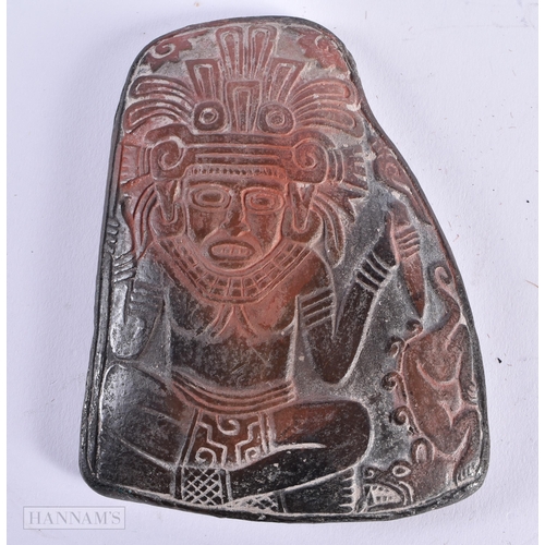 16 - A SOUTH AMERICAN POTTERY MAYAN GOD TABLET. 12 cm x 8 cm.