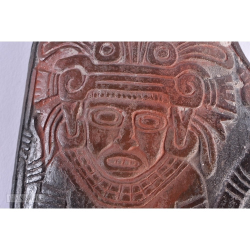 16 - A SOUTH AMERICAN POTTERY MAYAN GOD TABLET. 12 cm x 8 cm.