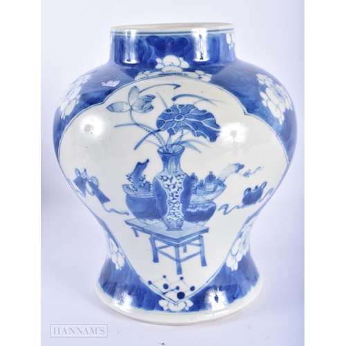 164 - A 19TH CENTURY CHINESE BLUE AND WHITE PORCELAIN JAR bearing Kangxi marks to base. 20 cm x 14cm.