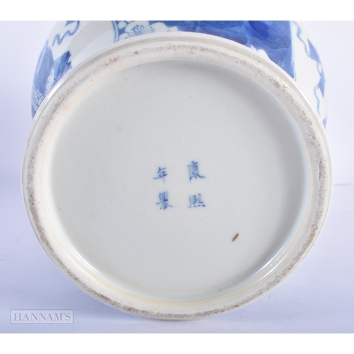 164 - A 19TH CENTURY CHINESE BLUE AND WHITE PORCELAIN JAR bearing Kangxi marks to base. 20 cm x 14cm.