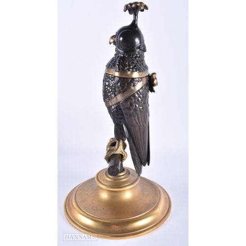 166 - A FINE EARLY 19TH CENTURY BRONZE DESK STAND formed as a bird wearing a mask, perched upon a stump, t... 