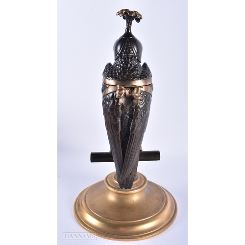 166 - A FINE EARLY 19TH CENTURY BRONZE DESK STAND formed as a bird wearing a mask, perched upon a stump, t... 