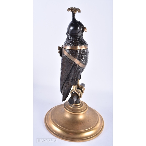 166 - A FINE EARLY 19TH CENTURY BRONZE DESK STAND formed as a bird wearing a mask, perched upon a stump, t... 