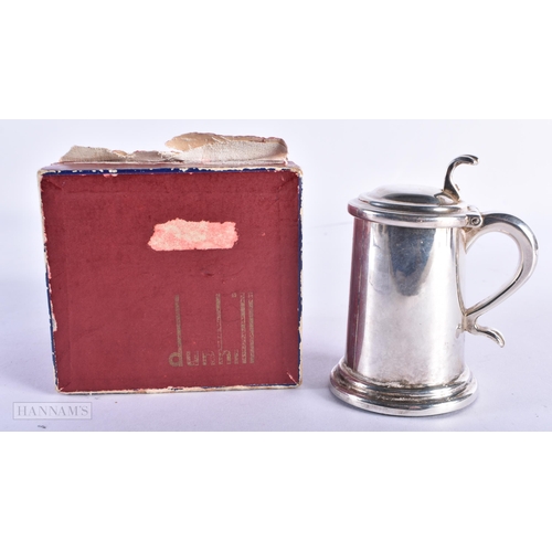 174 - A BOXED DUNHILL ANTIQUE TANKARD AUTOMATIC TABLE LIGHTER. 7.5 cm high.