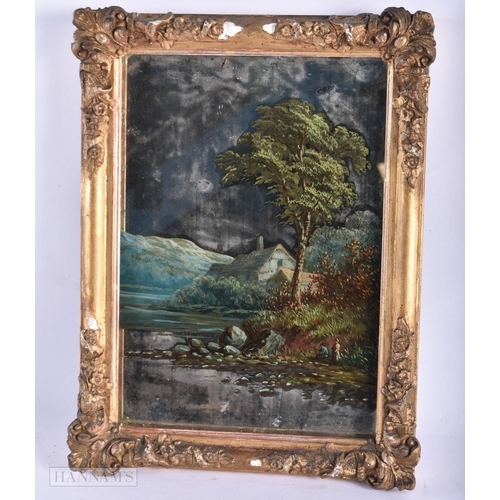 181 - AN UNUSUAL 19TH CENTURY OIL PAINTED GLASS MIRROR PAINTING depicting two figures fishing by a stream.... 