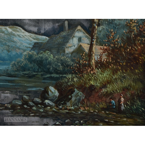 181 - AN UNUSUAL 19TH CENTURY OIL PAINTED GLASS MIRROR PAINTING depicting two figures fishing by a stream.... 