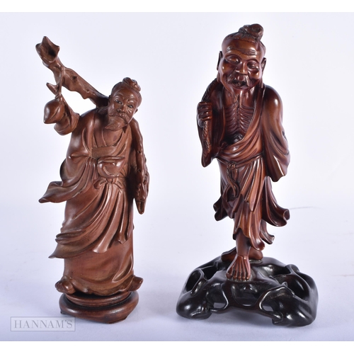 186 - TWO 19TH CENTURY CHINESE CARVED HARDWOOD FIGURES Qing. 17 cm high. (2)