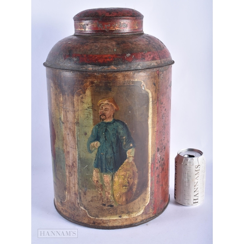 188 - A LOVELY LARGE REGENCY PAINTED TOLEWARE TEA CANISTER painted with two Chinese figures within an inte... 