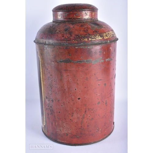 188 - A LOVELY LARGE REGENCY PAINTED TOLEWARE TEA CANISTER painted with two Chinese figures within an inte... 