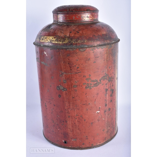 188 - A LOVELY LARGE REGENCY PAINTED TOLEWARE TEA CANISTER painted with two Chinese figures within an inte... 