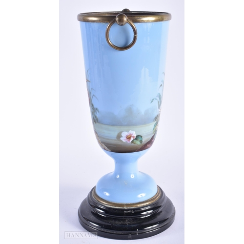 1 - A VICTORIAN LAVENDER OPALINE GLASS OIL LAMP BASE painted with a bird upon a lake. 32 cm high.