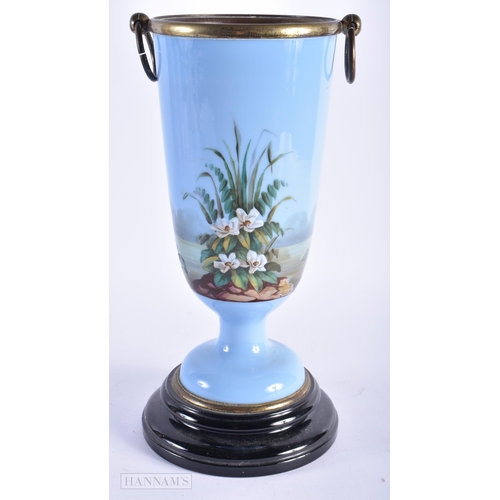 1 - A VICTORIAN LAVENDER OPALINE GLASS OIL LAMP BASE painted with a bird upon a lake. 32 cm high.