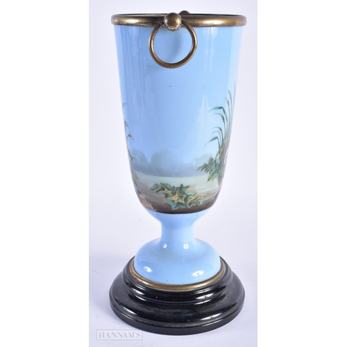 1 - A VICTORIAN LAVENDER OPALINE GLASS OIL LAMP BASE painted with a bird upon a lake. 32 cm high.