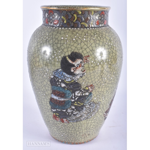 191 - A 19TH CENTURY JAPANESE MEIJI PERIOD CRACKLE GLAZED VASE painted in figures. 24 cm x 14cm.