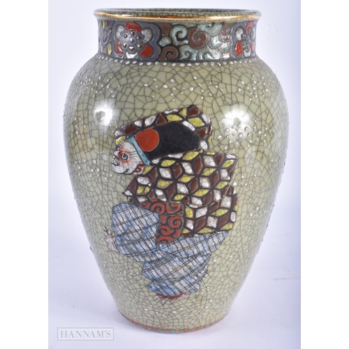 191 - A 19TH CENTURY JAPANESE MEIJI PERIOD CRACKLE GLAZED VASE painted in figures. 24 cm x 14cm.