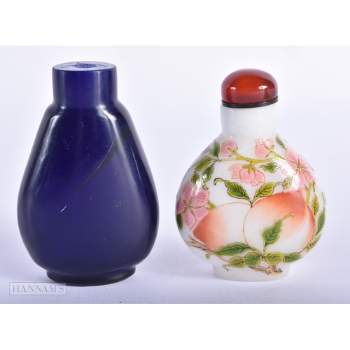 195 - A 19TH CENTURY CHINESE PEKING BLUE GLASS SNUFF BOTTLE Qing, together with an enamelled snuff bottle.... 