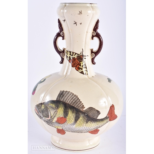 2 - A RARE 19TH CENTURY ARTS AND CRAFTS MINTON TWIN HANDLED VASE painted with fish and insects. 26 cm x ... 