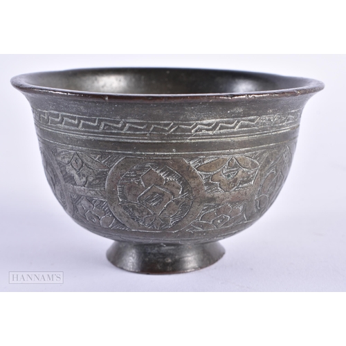 20 - A 17TH/18TH CENTURY MIDDLE EASTERN ISLAMIC BRONZE ALLOY BOWL decorated with scripture. 11cm diameter... 