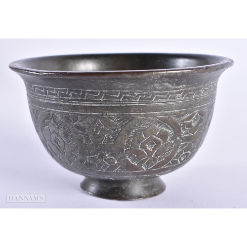 20 - A 17TH/18TH CENTURY MIDDLE EASTERN ISLAMIC BRONZE ALLOY BOWL decorated with scripture. 11cm diameter... 