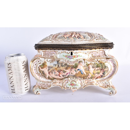 208 - A LARGE 19TH CENTURY CONTINENTAL PORCELAIN REPOUSSE CASKET possibly Naples. 24 cm x 14cm.