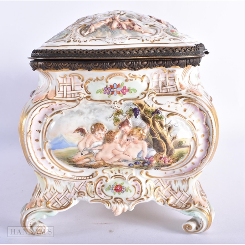 208 - A LARGE 19TH CENTURY CONTINENTAL PORCELAIN REPOUSSE CASKET possibly Naples. 24 cm x 14cm.