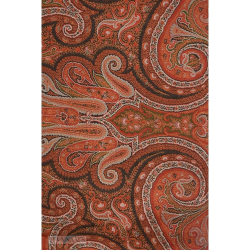 21 - A VERY LARGE PAISLEY EMBROIDERED SHAWL HANGING OR BED SPREAD. 340 cm x 180 cm approximately.