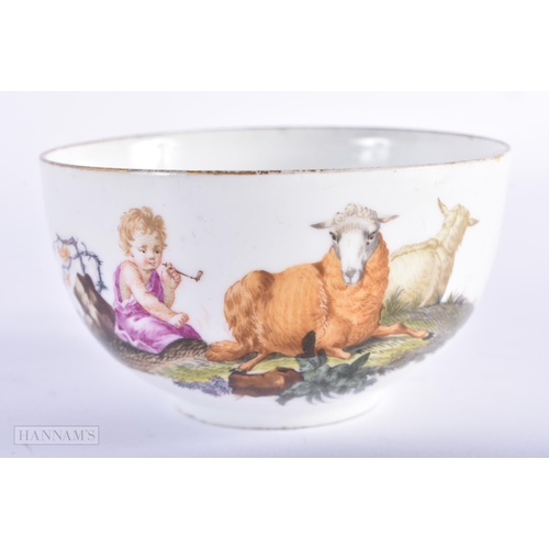 212 - AN ANTIQUE GERMAN MEISSEN PORCELAIN CUP AND SAUCER painted with figures and animals. 11cm wide. (2)