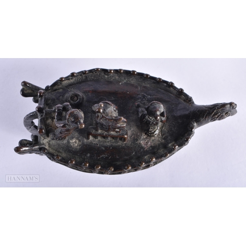 213 - A 19TH CENTURY JAPANESE MEIJI PERIOD BRONZE OKIMONO modelled with figures upon a boat. 13 cm wide.