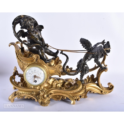 216 - AN UNUSUAL 19TH CENTURY FRENCH BRONZE MANTEL CLOCK formed as a putti pulling a grotesque dragon. 34 ... 