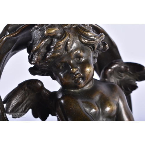 216 - AN UNUSUAL 19TH CENTURY FRENCH BRONZE MANTEL CLOCK formed as a putti pulling a grotesque dragon. 34 ... 