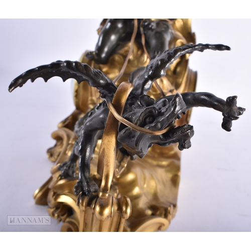 216 - AN UNUSUAL 19TH CENTURY FRENCH BRONZE MANTEL CLOCK formed as a putti pulling a grotesque dragon. 34 ... 