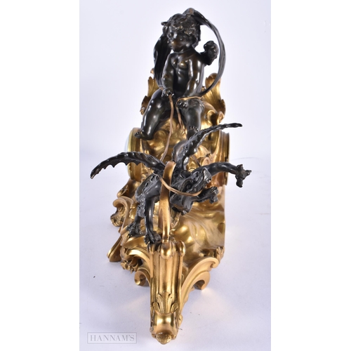 216 - AN UNUSUAL 19TH CENTURY FRENCH BRONZE MANTEL CLOCK formed as a putti pulling a grotesque dragon. 34 ... 