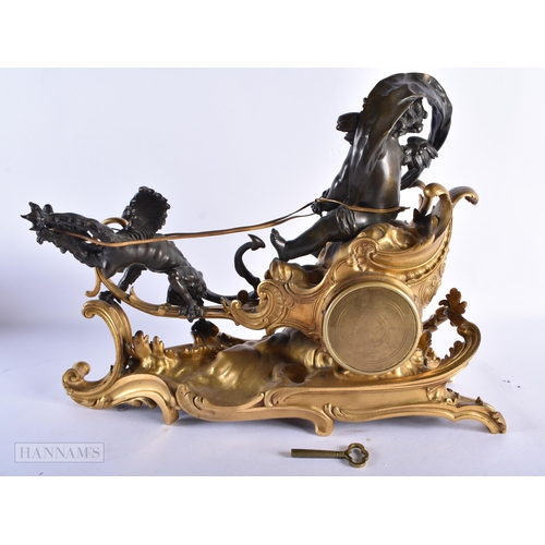 216 - AN UNUSUAL 19TH CENTURY FRENCH BRONZE MANTEL CLOCK formed as a putti pulling a grotesque dragon. 34 ... 