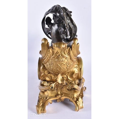 216 - AN UNUSUAL 19TH CENTURY FRENCH BRONZE MANTEL CLOCK formed as a putti pulling a grotesque dragon. 34 ... 