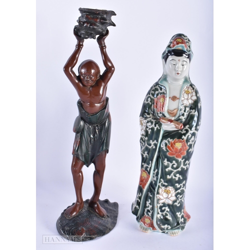 221 - A 19TH CENTURY JAPANESE MEIJI COLD PAINTED SPELTER CANDLESTICK together with an ao kutani porcelain ... 