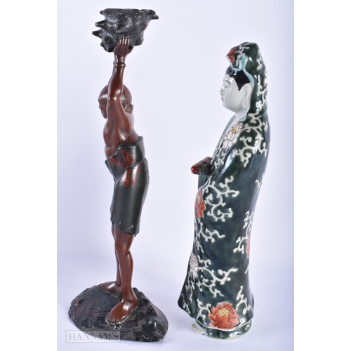 221 - A 19TH CENTURY JAPANESE MEIJI COLD PAINTED SPELTER CANDLESTICK together with an ao kutani porcelain ... 