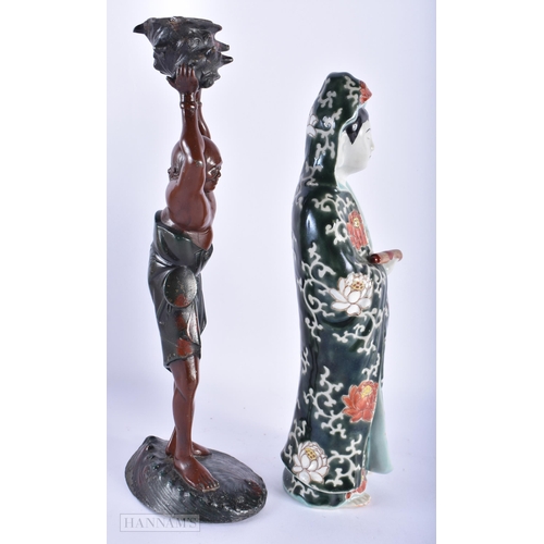 221 - A 19TH CENTURY JAPANESE MEIJI COLD PAINTED SPELTER CANDLESTICK together with an ao kutani porcelain ... 