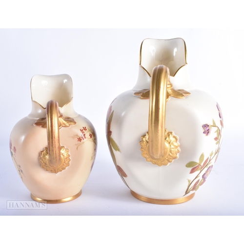 234 - TWO ROYAL WORCESTER BLUSH IVORY JUGS. Largest 18cm high. (2)