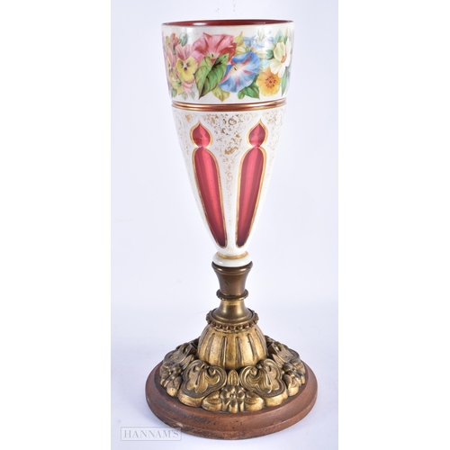 238 - A LARGE 19TH CENTURY BOHEMIAN ENAMELLED GLASS VASE with repousse gilt metal mounts. 40 cm high.