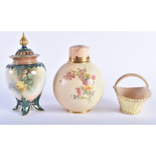 244 - A ROYAL WORCESTER BLUSH IVORY POT POURRI AND COVER together with a similar vase & cover & a basket. ... 