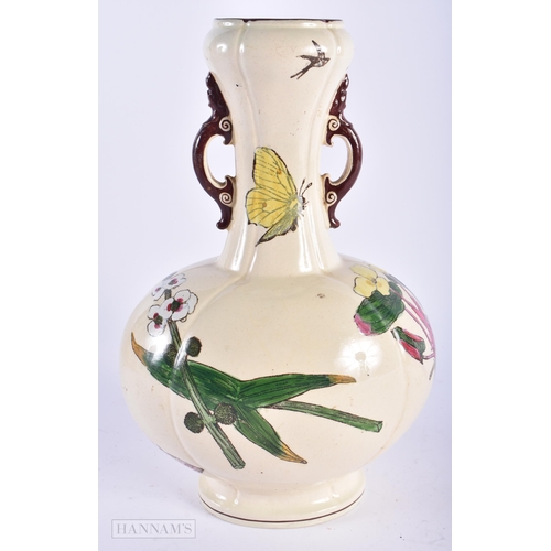 2 - A RARE 19TH CENTURY ARTS AND CRAFTS MINTON TWIN HANDLED VASE painted with fish and insects. 26 cm x ... 