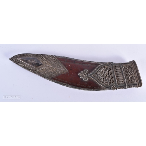 259 - A 19TH CENTURY INDIAN MIDDLE EASTERN SILVER MOUNTED LEATHER CASED KNIFE. 34 cm long.  We do not offe... 