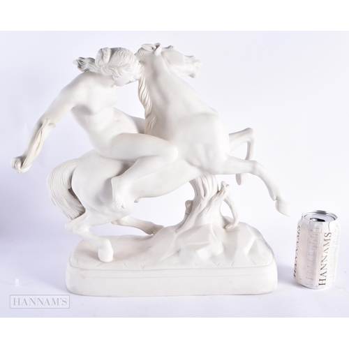 27 - A LARGE 19TH CENTURY ENGLISH PARIAN WARE FIGURAL GROUP modelled as a female riding upon a rearing ho... 