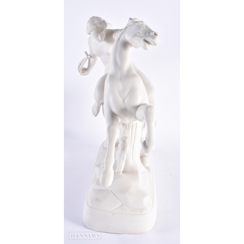 27 - A LARGE 19TH CENTURY ENGLISH PARIAN WARE FIGURAL GROUP modelled as a female riding upon a rearing ho... 