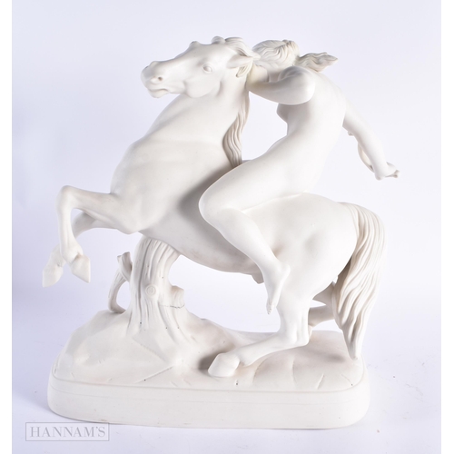 27 - A LARGE 19TH CENTURY ENGLISH PARIAN WARE FIGURAL GROUP modelled as a female riding upon a rearing ho... 