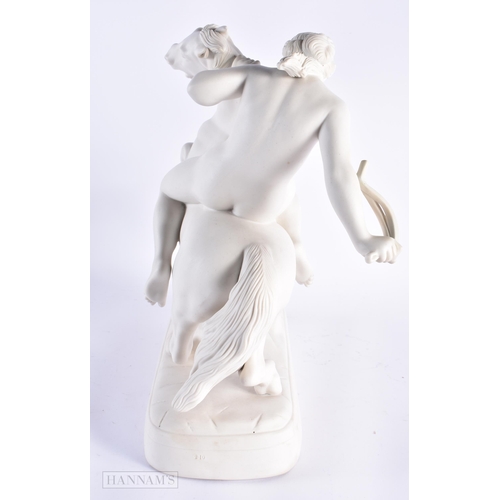 27 - A LARGE 19TH CENTURY ENGLISH PARIAN WARE FIGURAL GROUP modelled as a female riding upon a rearing ho... 