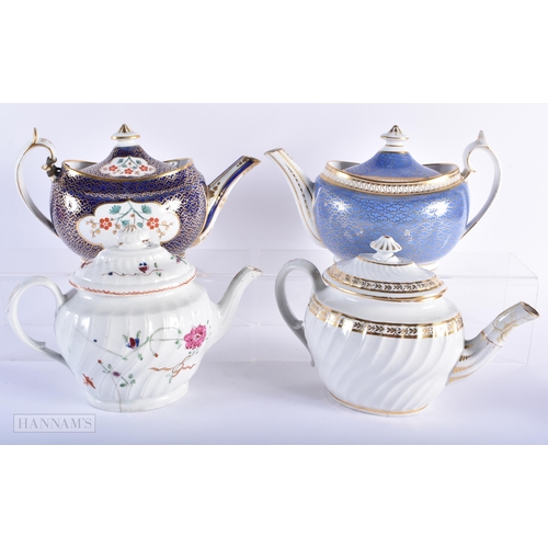 273 - FOUR 18TH/19TH CENTURY ENGLISH PORCELAIN TEAPOTS. Largest 24 cm wide. (4)