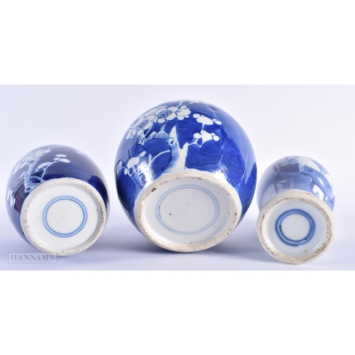 275 - TWO 19TH CENTURY CHINESE BLUE AND WHITE VASES together with a similar ginger jar and cover. Largest ... 