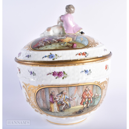 283 - A LARGE 19TH CENTURY GERMAN PORCELAIN BOWL AND COVER painted with interior scenes and flowers. 30 cm... 