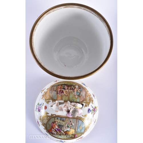 283 - A LARGE 19TH CENTURY GERMAN PORCELAIN BOWL AND COVER painted with interior scenes and flowers. 30 cm... 